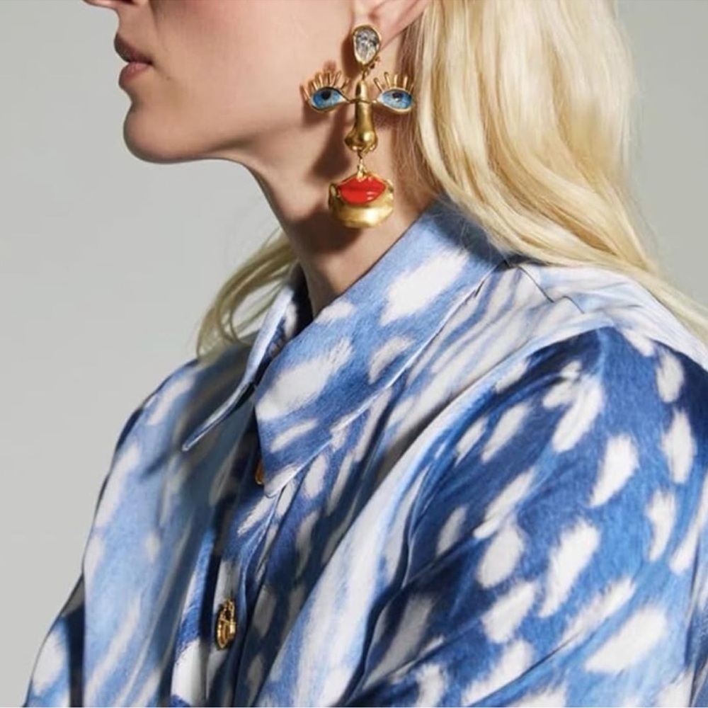 Bold Statement Blue Eyes Gold Face Earrings
